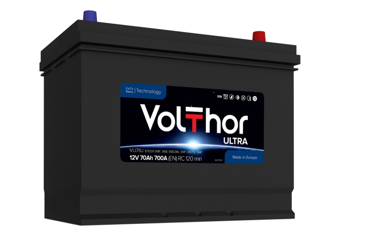 Акумулятор легковий VOLTHOR 6СТ-70(0) JIS (700А) ULTRA 12B, 70Ah, 700A, плюс праворуч (R+) кальцієвий (Ca/Ca) 259X173X200(220) мм (301270)